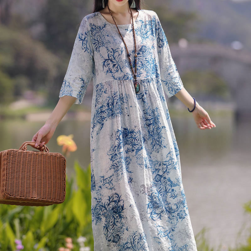 Buddha Stones Flowers Print Midi Dress Cotton Linen Tunic Dress With Pockets