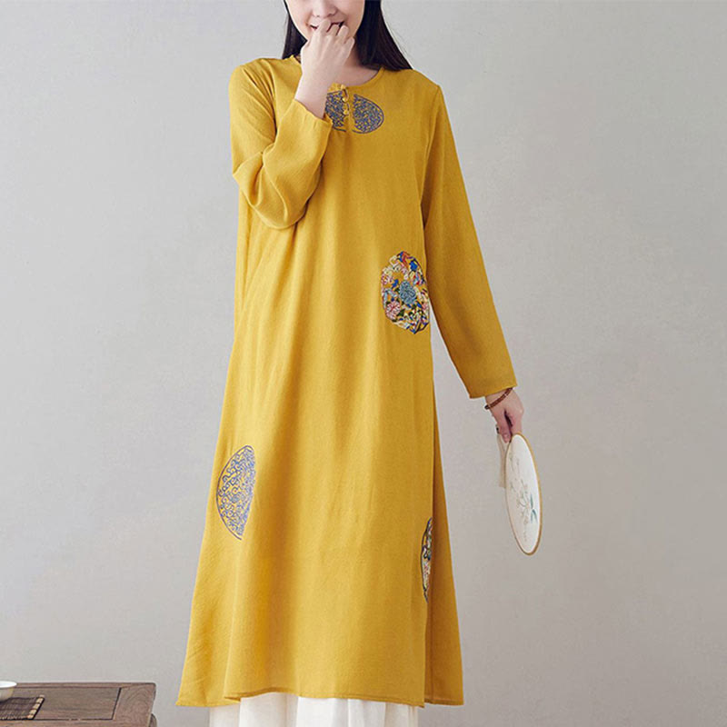 Buddha Stones Embroidery Long Sleeve Midi Dress Meditation Spiritual Zen Practice