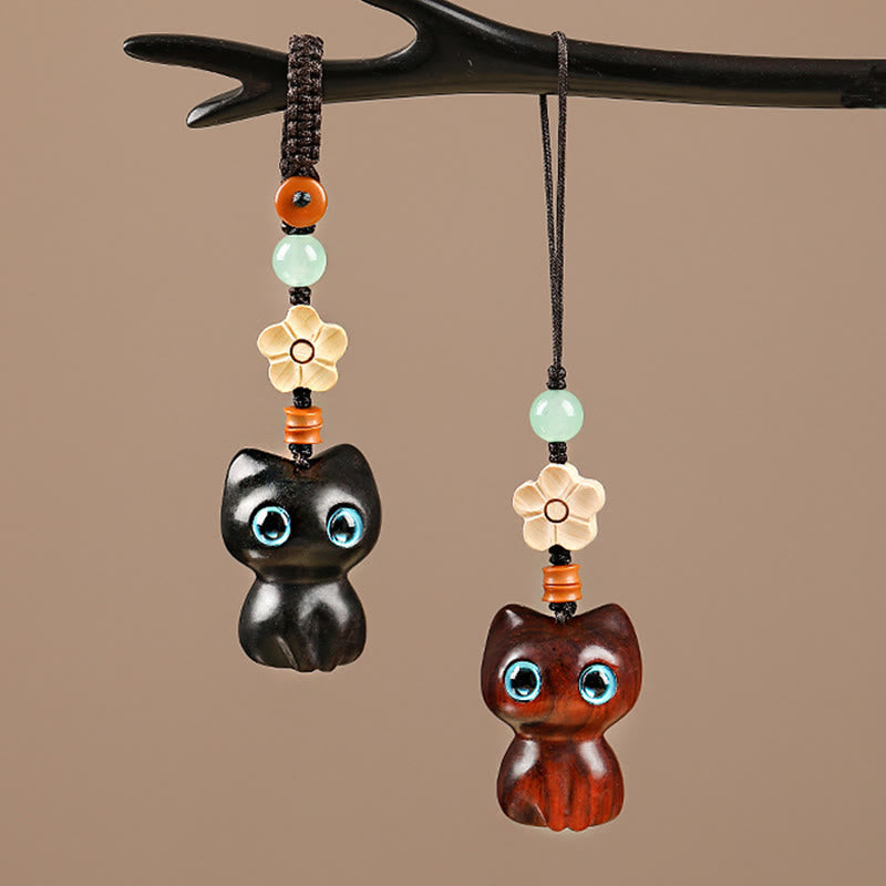 Buddha Stones Mini Small Leaf Red Sandalwood Ebony Wood Lucky Cat Lovely Kitty Peace Key Chain Phone Hanging Decoration - image 1