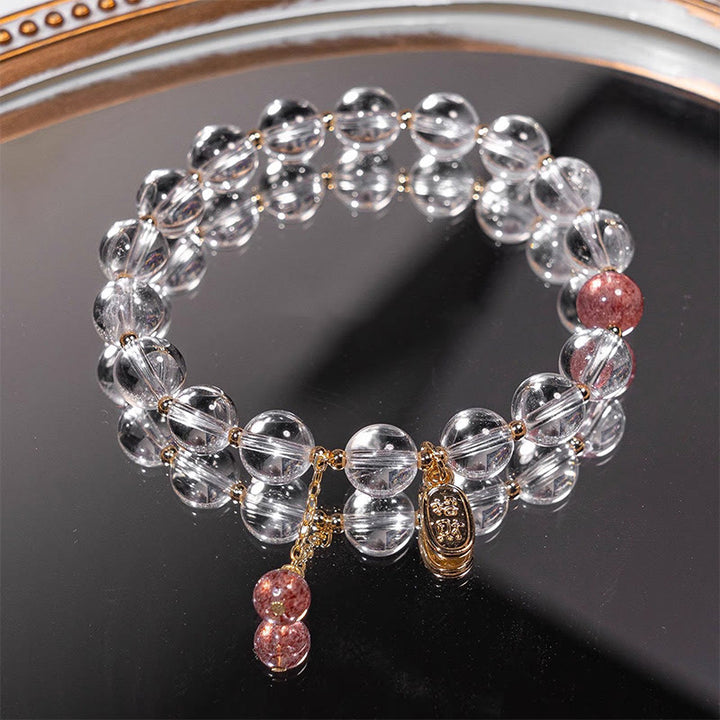 Buddha Stones White Crystal Strawberry Quartz Healing Attract Fortune Charm Bracelet