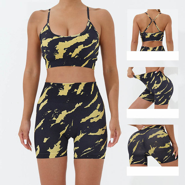 Buddha Stones 2Pcs Camo Print Backless Criss-Cross Strap Top Bra Shorts Leggings Pants Fitness Yoga Outfit Set