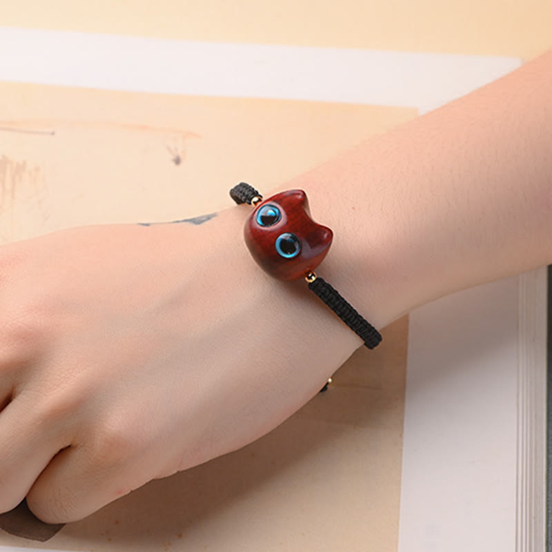 Buddha Stones Small Leaf Red Sandalwood Ebony Wood Cute Cat Head Calm Protection Braided Bracelet - image 6