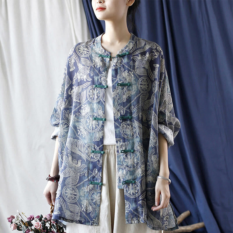 Buddha Stones Birds Flowers Geometry Frog-Button Long Sleeve Ramie Linen Jacket Shirt