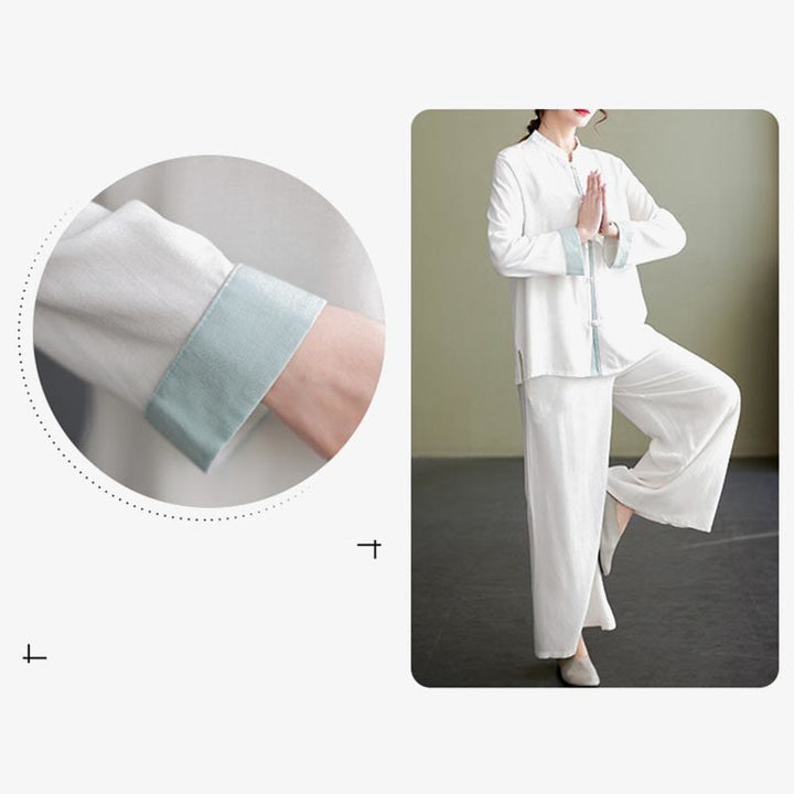 Buddha Stones 2Pcs Tang Suit Long Sleeve Shirt Top Pants Meditation Zen Tai Chi Cotton Linen Clothing Women's Set