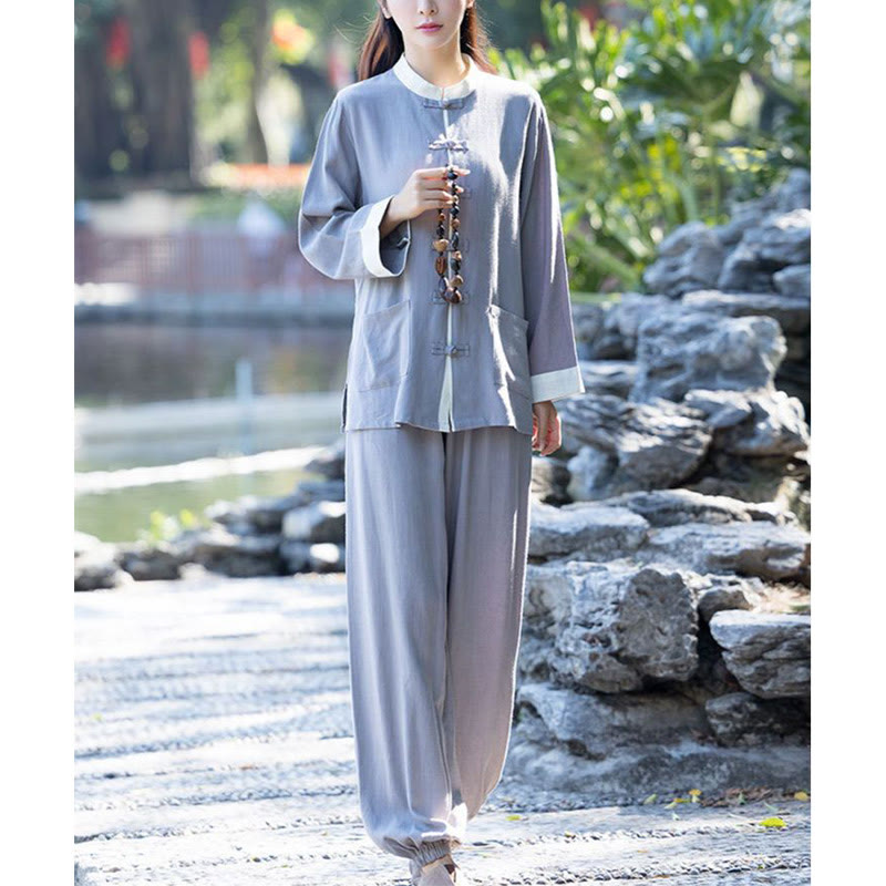 Buddha Stones Frog-Button Meditation Prayer Spiritual Zen Practice Tai Chi Uniform Clothing Women's Set