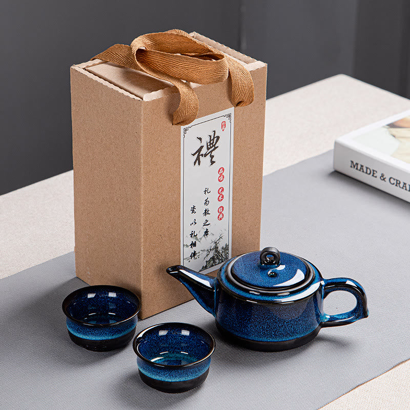 Blue Gradient Color Chinese Gongfu Tea Ceramic Teapot Portable Gift Bag Box Set - 1 Teapot With 2 Cups Box - image 1