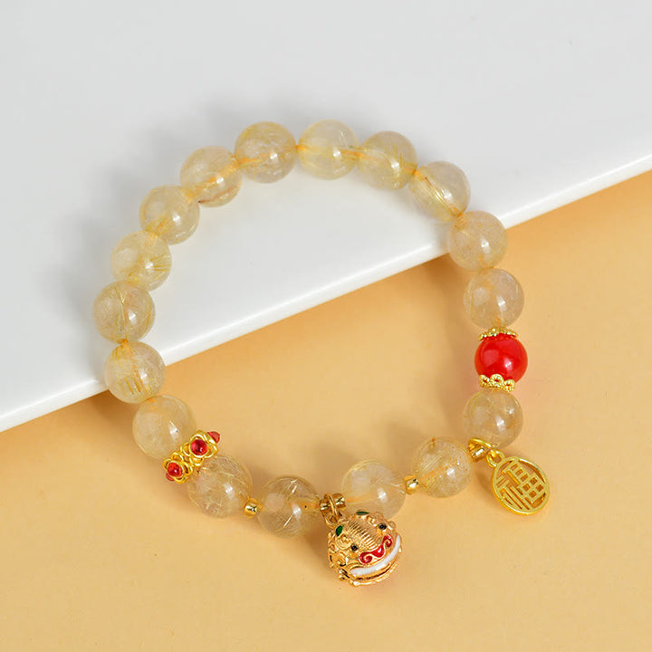 Buddha Stones Natural Golden Rutilated Quartz Fu Character Charm Bell Wealth Bracelet