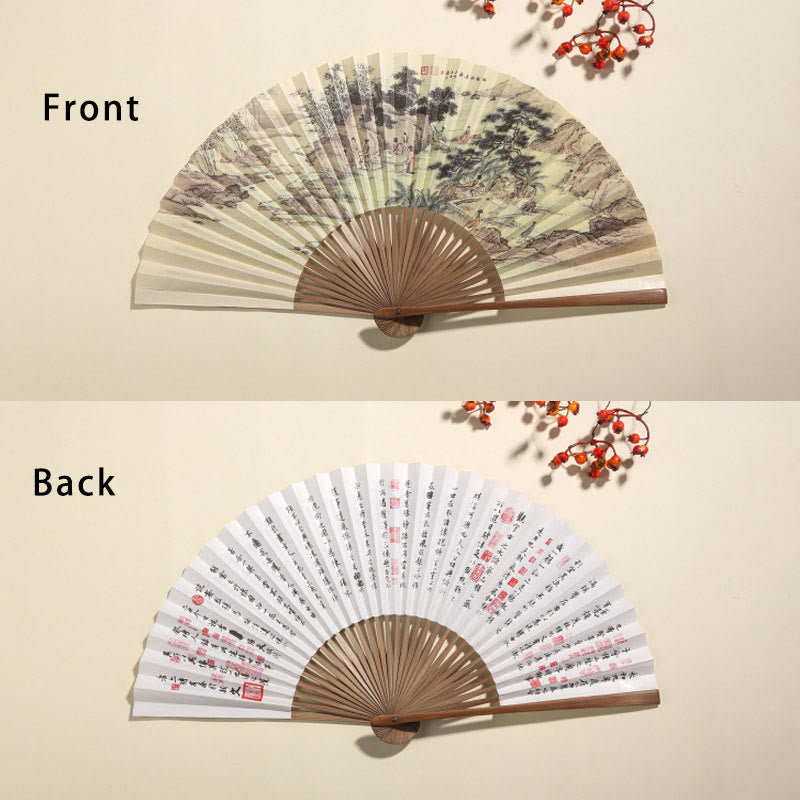 Buddha Stones Pine Tree Garden Peony Handheld Paper Bamboo Folding Fan 26cm