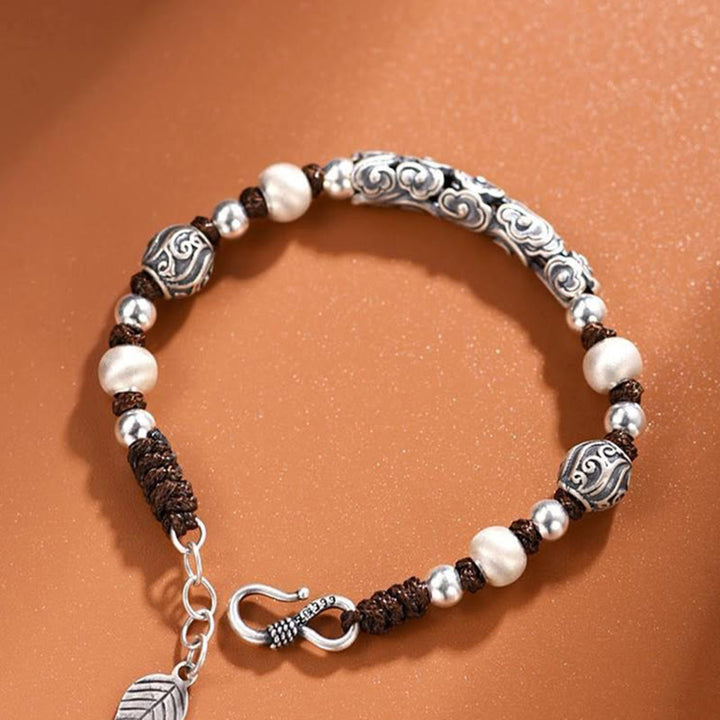 Buddha Stones Tibet Handmade Copper 999 Sterling Silver Auspicious Cloud Wealth String Bracelet