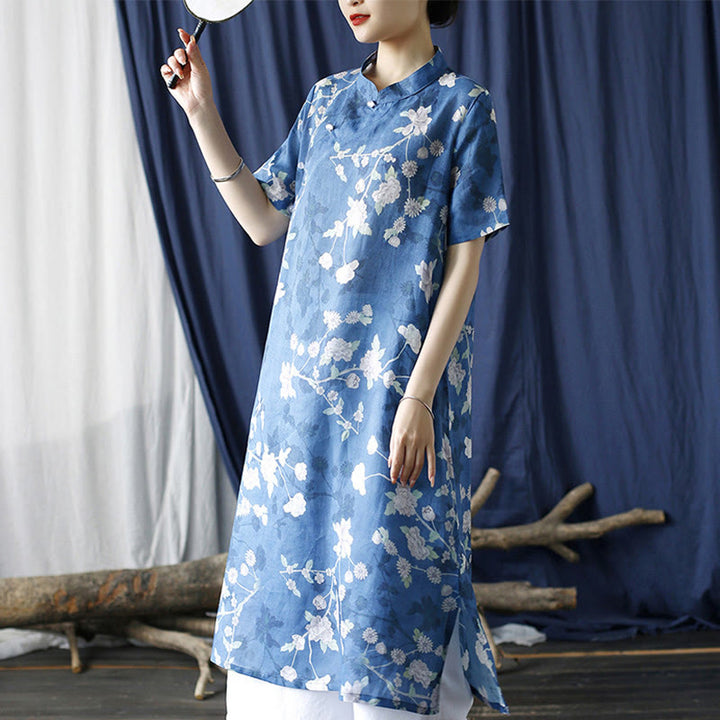 Buddha Stones Ramie Linen Blue White Flowers Branches Cheongsam Dresses Short Sleeve Dress