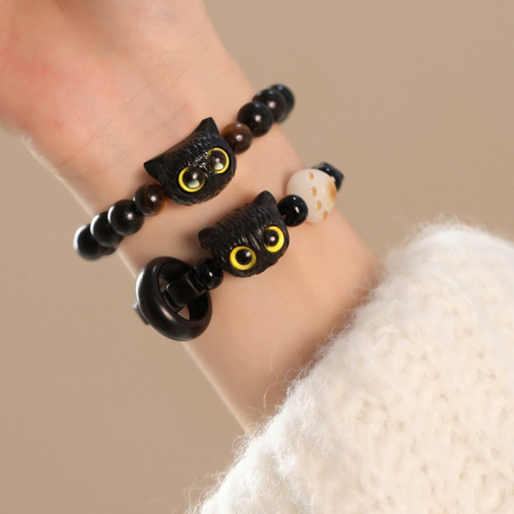 Buddha Stones Cute Ebony Wood Cat Head Pattern Peace Bracelet