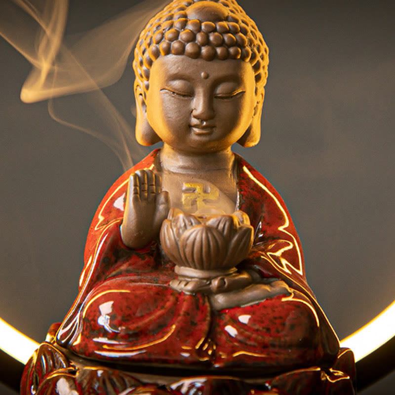 Buddha Stones Buddha Lotus Backflow Smoke Fountain Ceramic Blessing Incense Burner With Light Decoration - image 1