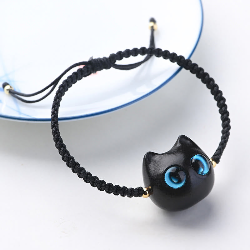 Buddha Stones Small Leaf Red Sandalwood Ebony Wood Cute Cat Head Calm Protection Braided Bracelet - Ebony Wood(Balance♥Calm)(Wrist Circumference 14-16cm) - image 11