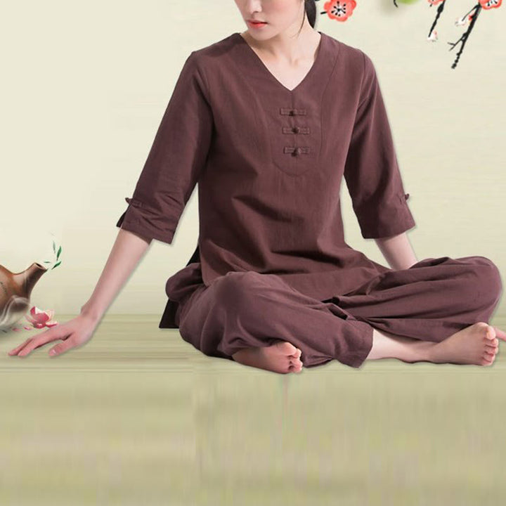 Buddha Stones Yoga Meditation Prayer V-neck Design Cotton Linen Clothing Uniform Zen Practice Women's Set