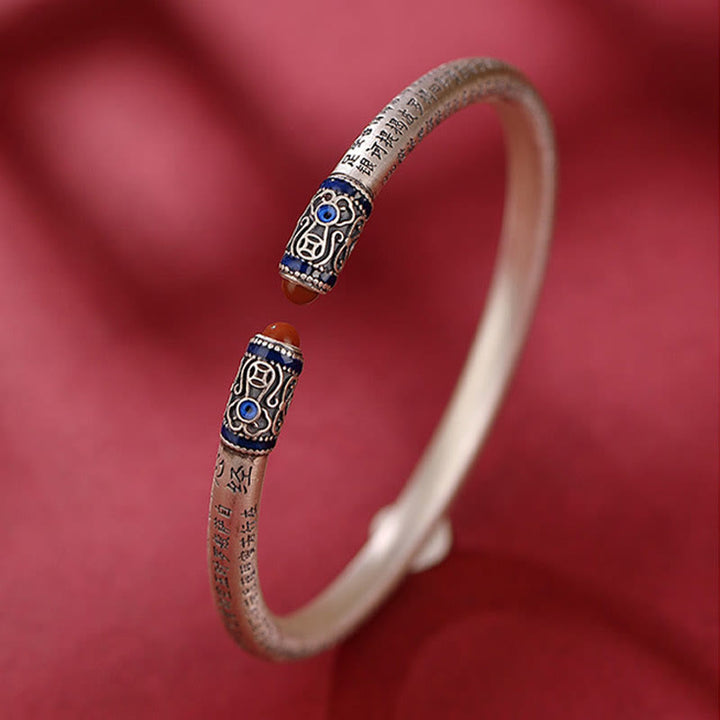 Buddha Stones 999 Sterling Silver Heart Sutra Engraved Red Agate Protection Bracelet Bangle - image 3