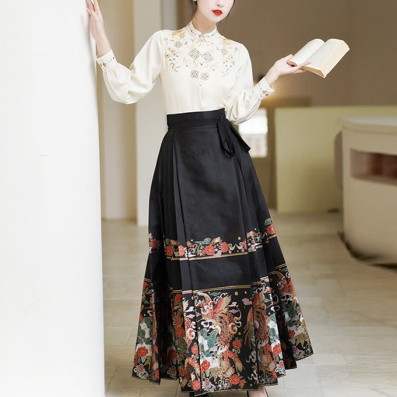 Buddha Stones Long Sleeve Shirt Embroidery Top Chinese Hanfu Phoenix Horse Face Skirt Mamianqun