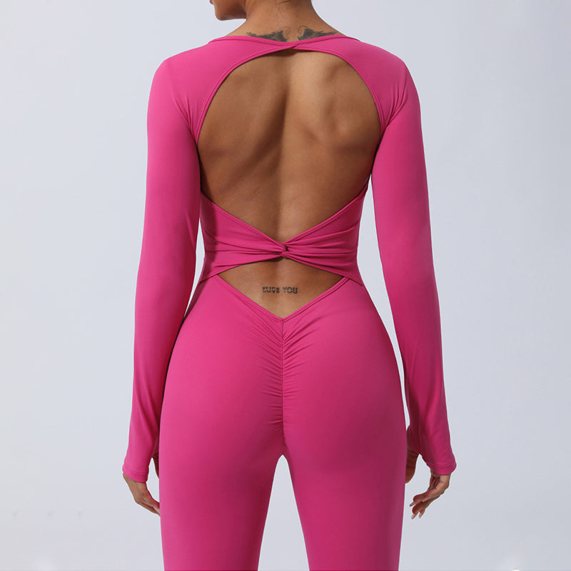 Buddha Stones Women Long Sleeve Backless Jumpsuit Sports Fitness Yoga Bodysuit