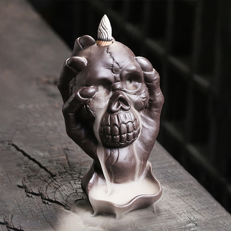 Buddha Stones Halloween Skull With Ghost Hand Purple Clay Spiritual Incense Burner Decoration - image 2