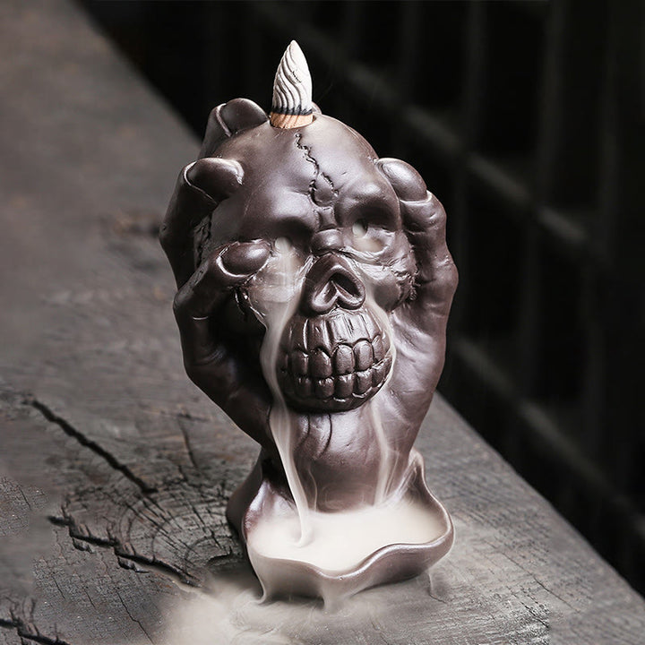 Buddha Stones Halloween Skull With Ghost Hand Purple Clay Spiritual Incense Burner Decoration - image 2