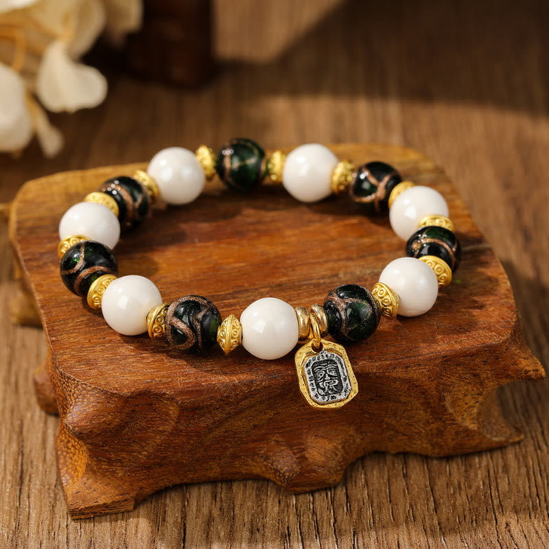 Buddha Stones Tibetan Zakiram Goddess of Wealth Charm Liuli Glass Incense Ash Porcelain Bead Protection Bracelet - White Porcelain - Green Liuli Glass Bead - image 2