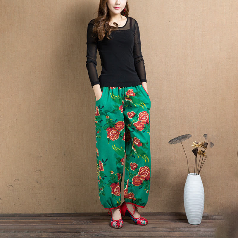 Buddha Stones Ethnic Style Red Green Flowers Print Harem Pants With Pockets