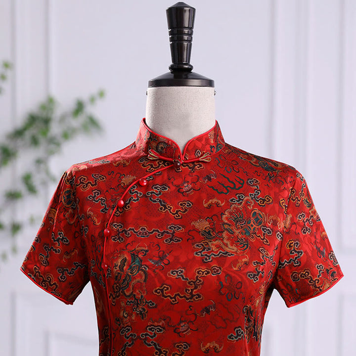 Buddha Stones Vintage Auspicious Clouds Leaf Print Cheongsam Dress Women's Qipao Dress