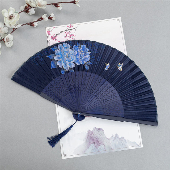 Buddha Stones Crane Dragonfly Lotus Peony Plum Blossom Butterfly Handheld Silk Bamboo Folding Fan 22.5cm