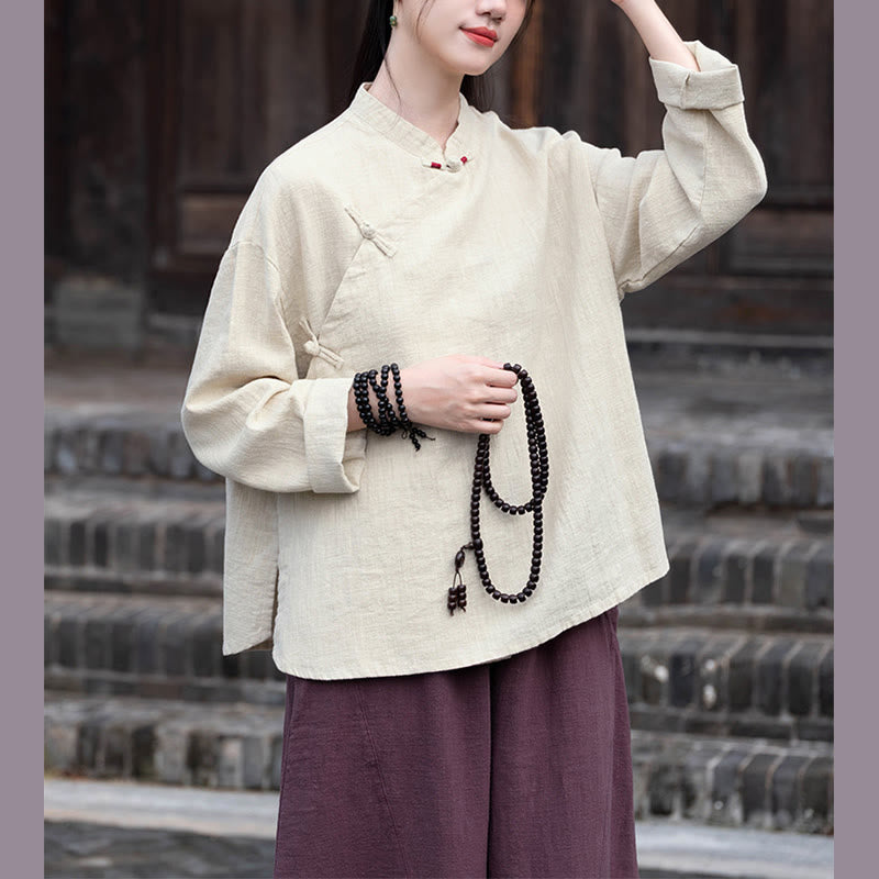 Buddha Stones Chinese Hanfu Frog-Button Blouse Women Long Sleeve Shirt Top