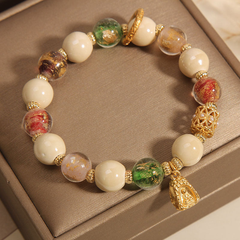 Buddha Stones Tibetan Multicolored Liuli Glass Bead Buddha Lotus Charm Enlightenment Bracelet