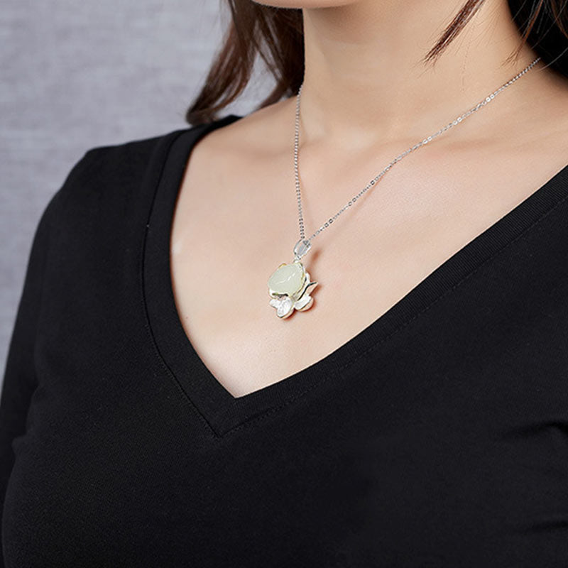 White Jade Lotus Flower Happiness Necklace - image 4