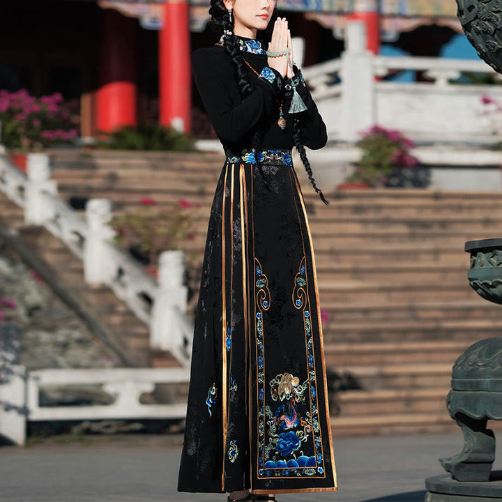 Buddha Stones Long Sleeve T-Shirt Top Tee Chinese Hanfu Embroidery Colorful Peony Flowers Horse Face Skirt Mamianqun