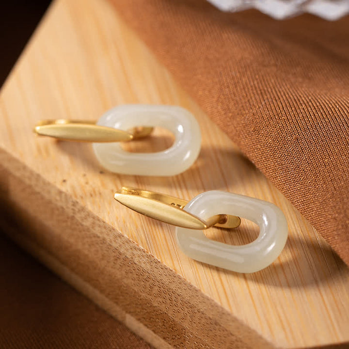 Buddha Stones 925 Sterling Silver Round White Jade Happiness Blessing Earrings - 925 Sterling Silver&White Jade - image 0