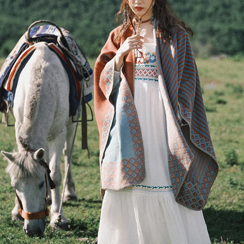 Tibetan Shawl Striped Diamond Pattern Winter Warm Soft Scarf - image 17
