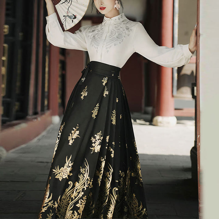 Buddha Stones Flowers Leaves Feathers Long Sleeve Shirt Top Chinese Hanfu Ming Dynasty Horse Face Skirt Mamianqun Skirt