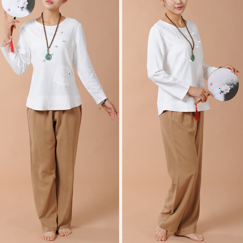 Buddha Stones 2Pcs Long Sleeve T-Shirt Tee Pants Meditation Zen Tai Chi Linen Clothing Women's Set