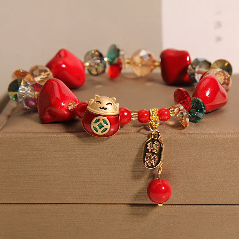 Buddha Stones Red Stone Lucky Cat Rabbit Fu Character Fortune Bracelet