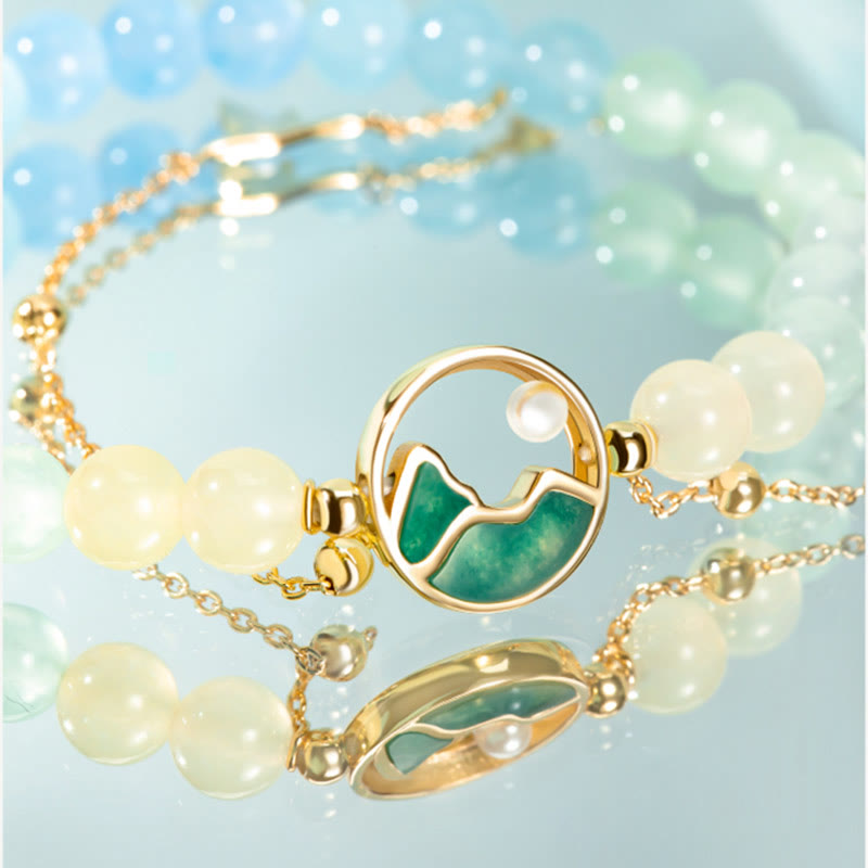 Buddha Stones 18K Gold Plated Copper Natural Jade Chalcedony A Panorama of Rivers and Mountains Luck Necklace Pendant Bracelet Set