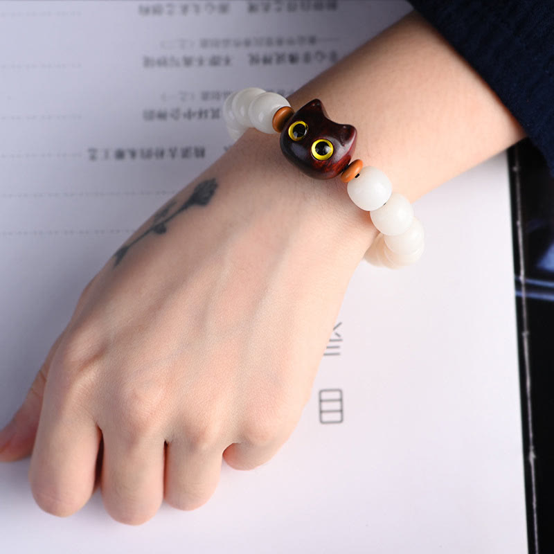 Buddha Stones Natural Bodhi Seed Small Leaf Red Sandalwood Ebony Wood Cute Lucky Cat Wisdom Bracelet - image 7