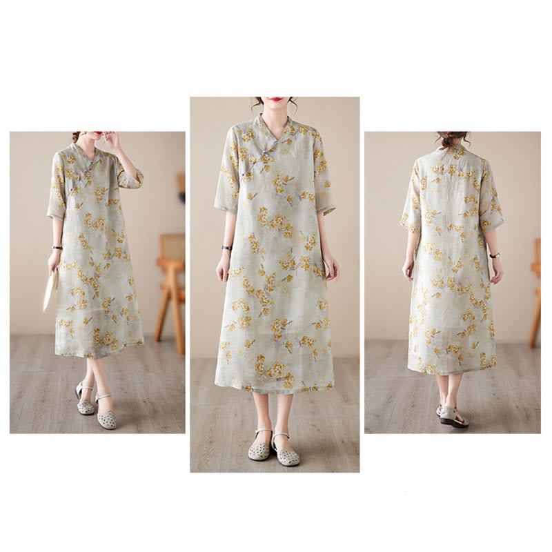 Buddha Stones Yellow Flowers Print Cheongsam Midi Dress Cotton Linen Half Sleeve Dress With Pockets