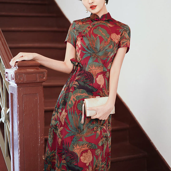 Buddha Stones Silk Qipao Dress Retro Flower Leaf Pattern Women's Cheongsam Dress