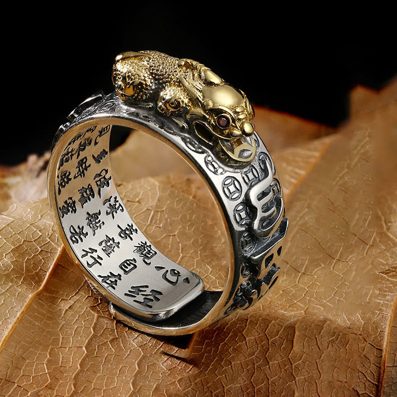 Buddha Stones Tibetan 990 Sterling Silver Om Mani Padme Hum PiXiu Dorje Vajra Heart Sutra Engraved Wealth Ring - Gold - PiXiu - image 0