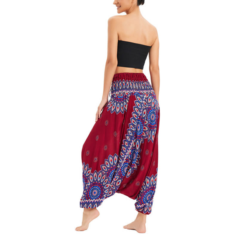 Buddha Stones Two Style Wear Sunflower Loose Smocked Harem Trousers Jumpsuit High Waist Pants