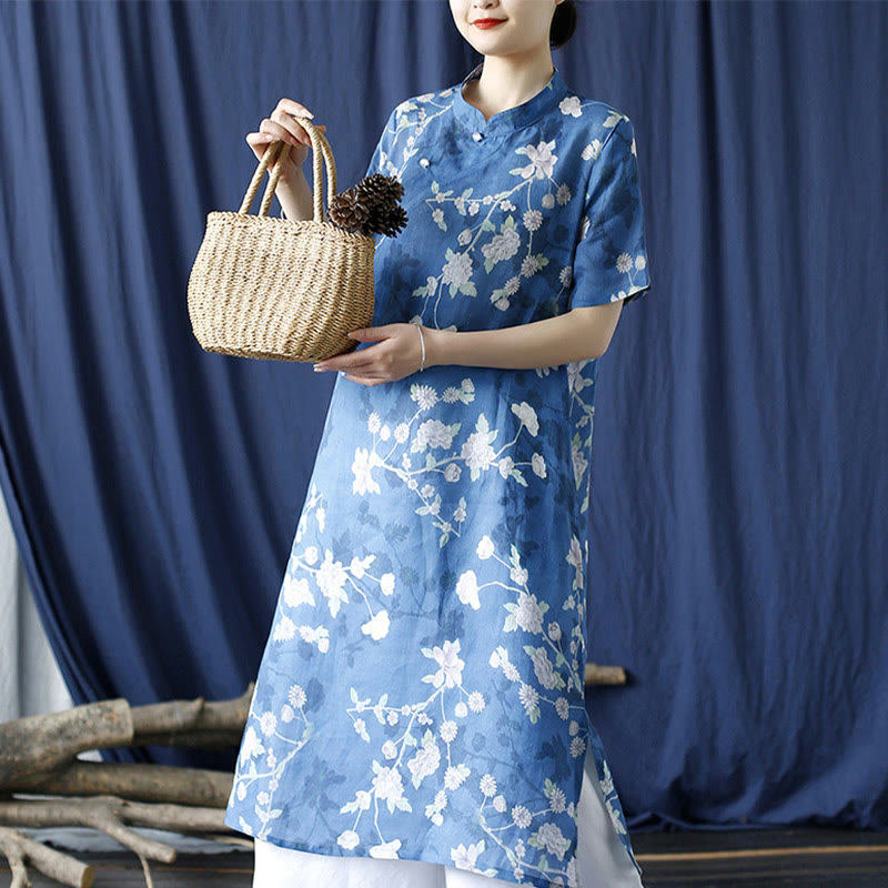 Buddha Stones Ramie Linen Blue White Flowers Branches Cheongsam Dresses Short Sleeve Dress