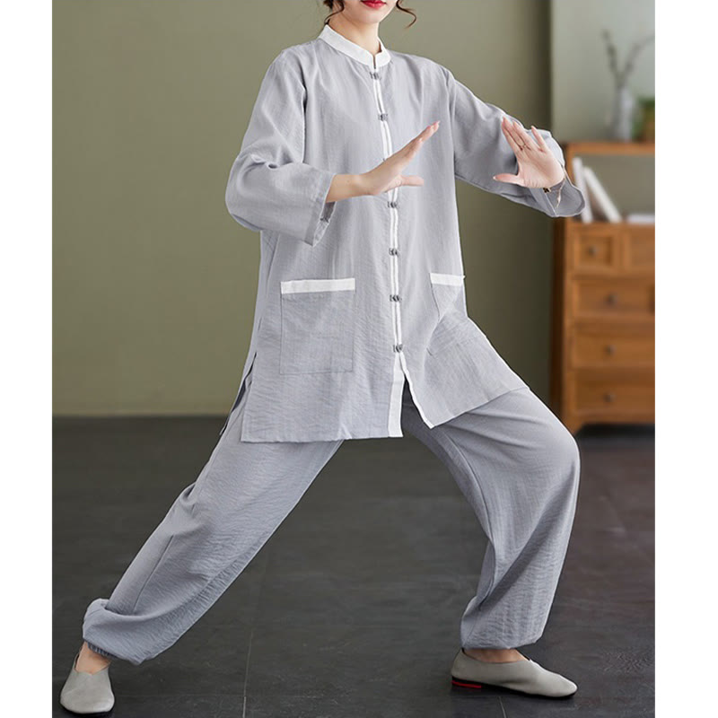 Buddha Stones 2Pcs Solid Color Long Sleeve Shirt Top Pants Meditation Zen Tai Chi Cotton Linen Clothing Women's Set