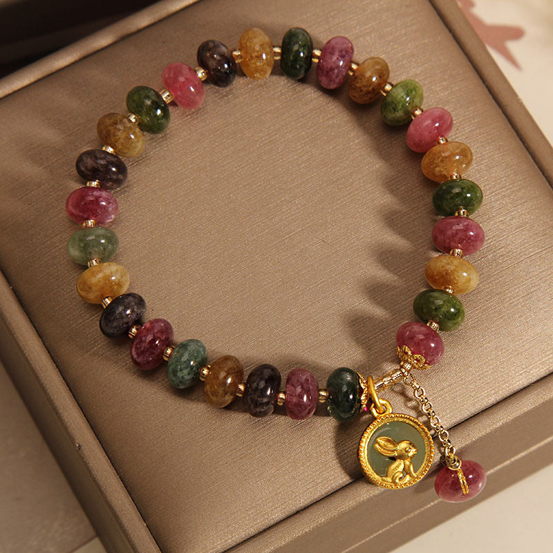 Buddha Stones Natural Colorful Tourmaline Cute Rabbit Charm Positive Bracelet