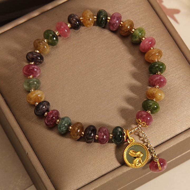 Buddha Stones Natural Colorful Tourmaline Cute Rabbit Charm Positive Bracelet