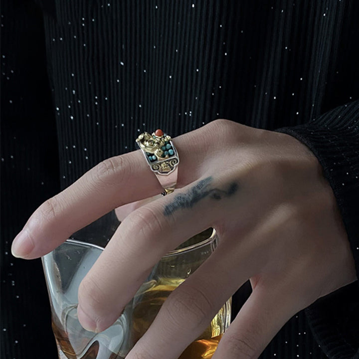 Buddha Stones 925 Sterling Silver Turquoise Red Agate PiXiu Abacus Protection Ring - image 3