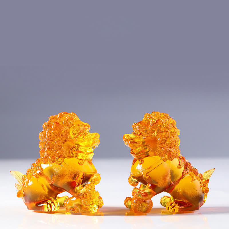 Handmade Liuli Crystal Lion Art Piece Strength Home Office Decoration - A Pair of Gold Lions - image 15