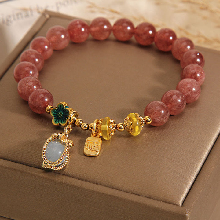 Buddha Stones Natural Strawberry Quartz Crystal Aquamarine Fortune Brand Love Bracelet