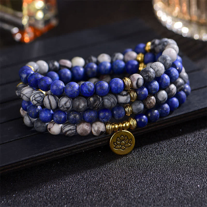 Buddha Stones Lazurite Lapis Lazuli Picasso Jasper Amazonite Rhodonite Apatite Positive Lotus Prayer Bead Bracelet - Lazurite&Picasso Jasper - image 0